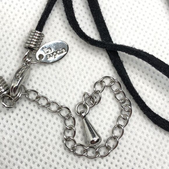Lia Sophia Enigma Necklace Silver Tone and Black Inlaid Pendant Black Suede Cord - Picture 5 of 7
